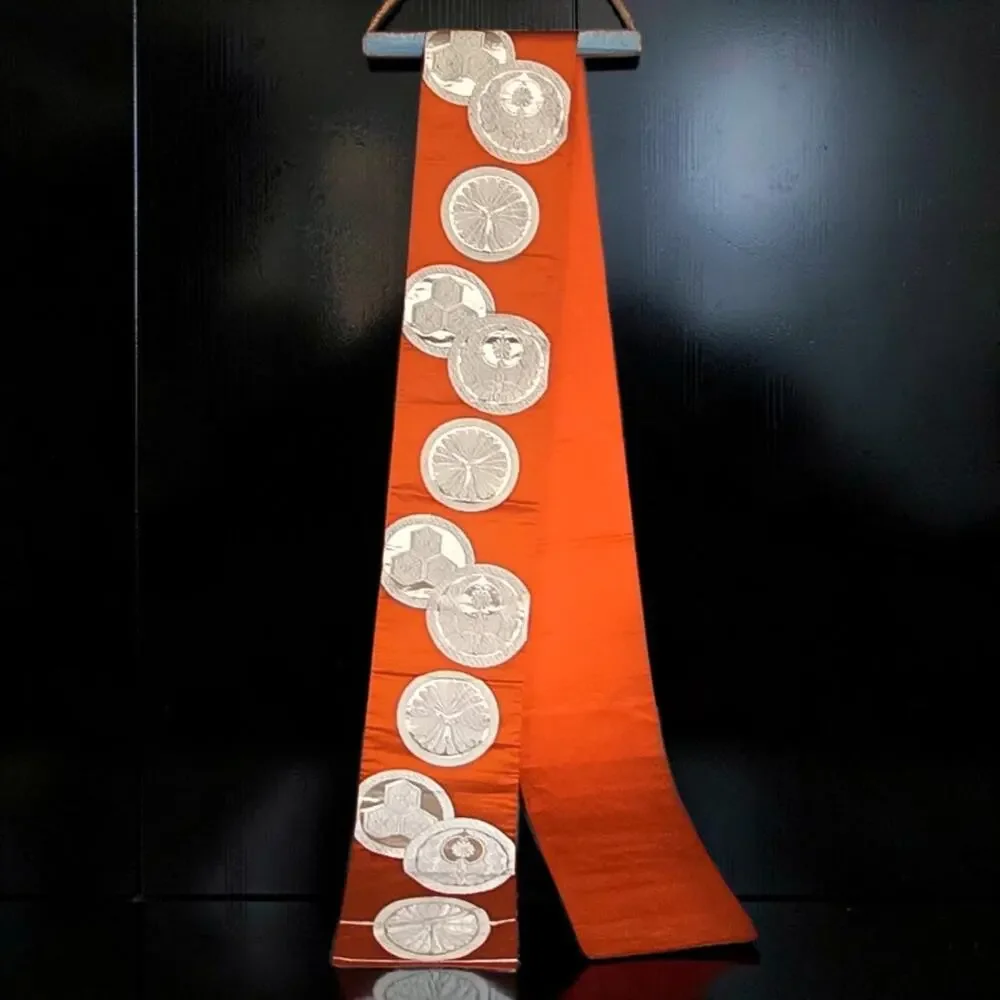VTG Japanese Silk Fukuro Obi Vermilion Orange Gold Brocade  Kimono Sash 164